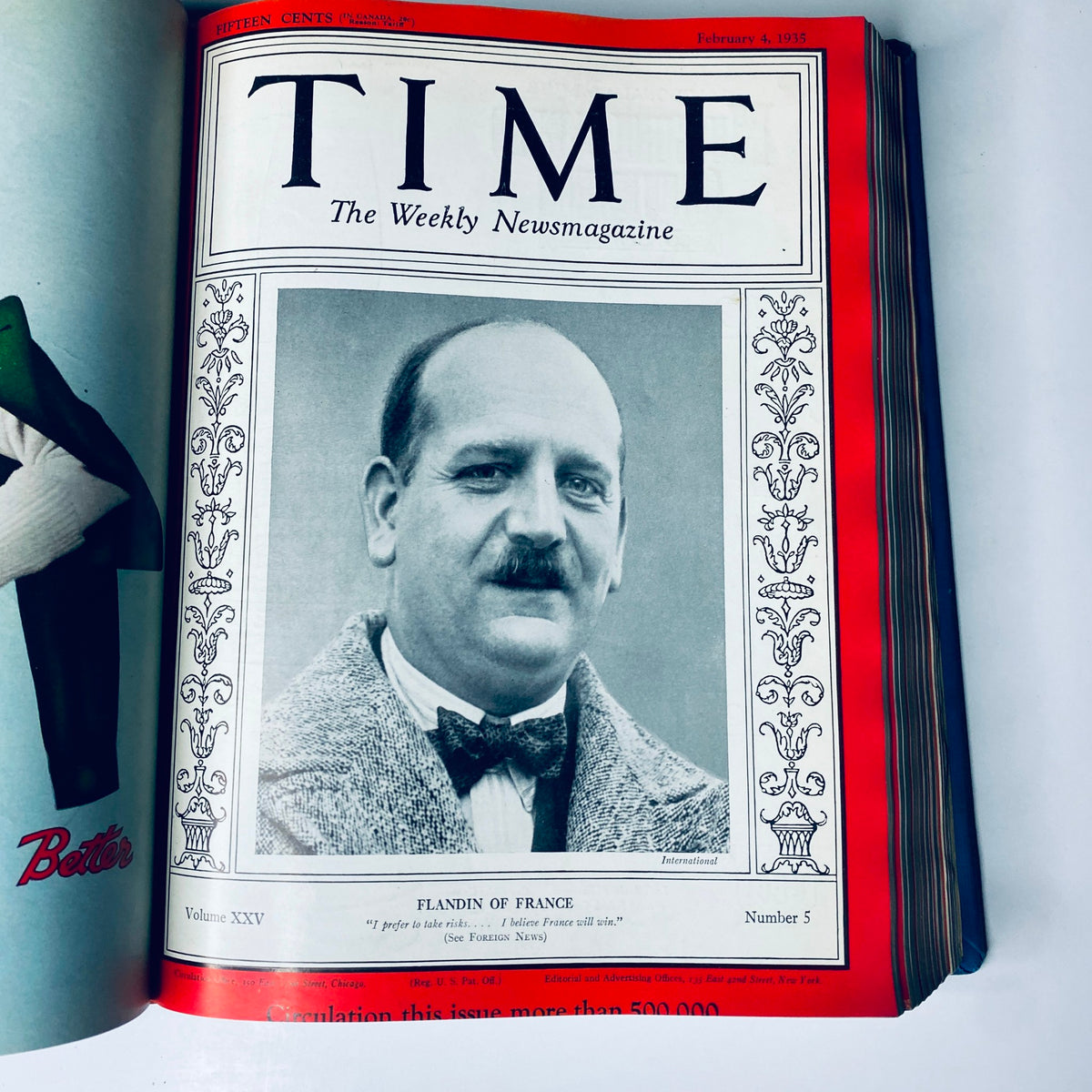 Cover of Time Magazine dated February 4, 1935, showcasing Flandin of France. Discusses international relations amidst the political landscape of the Great Depression.