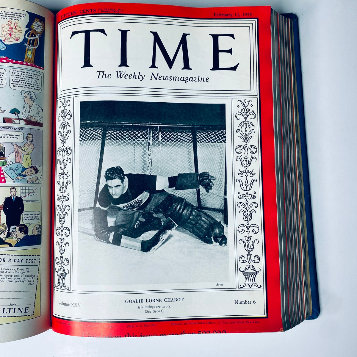 Time Magazine cover featuring Goalie Lorne Chabot, February 11, 1935, as part of the Time Magazine Library Bound collection, January 7 - March 25, 1935.