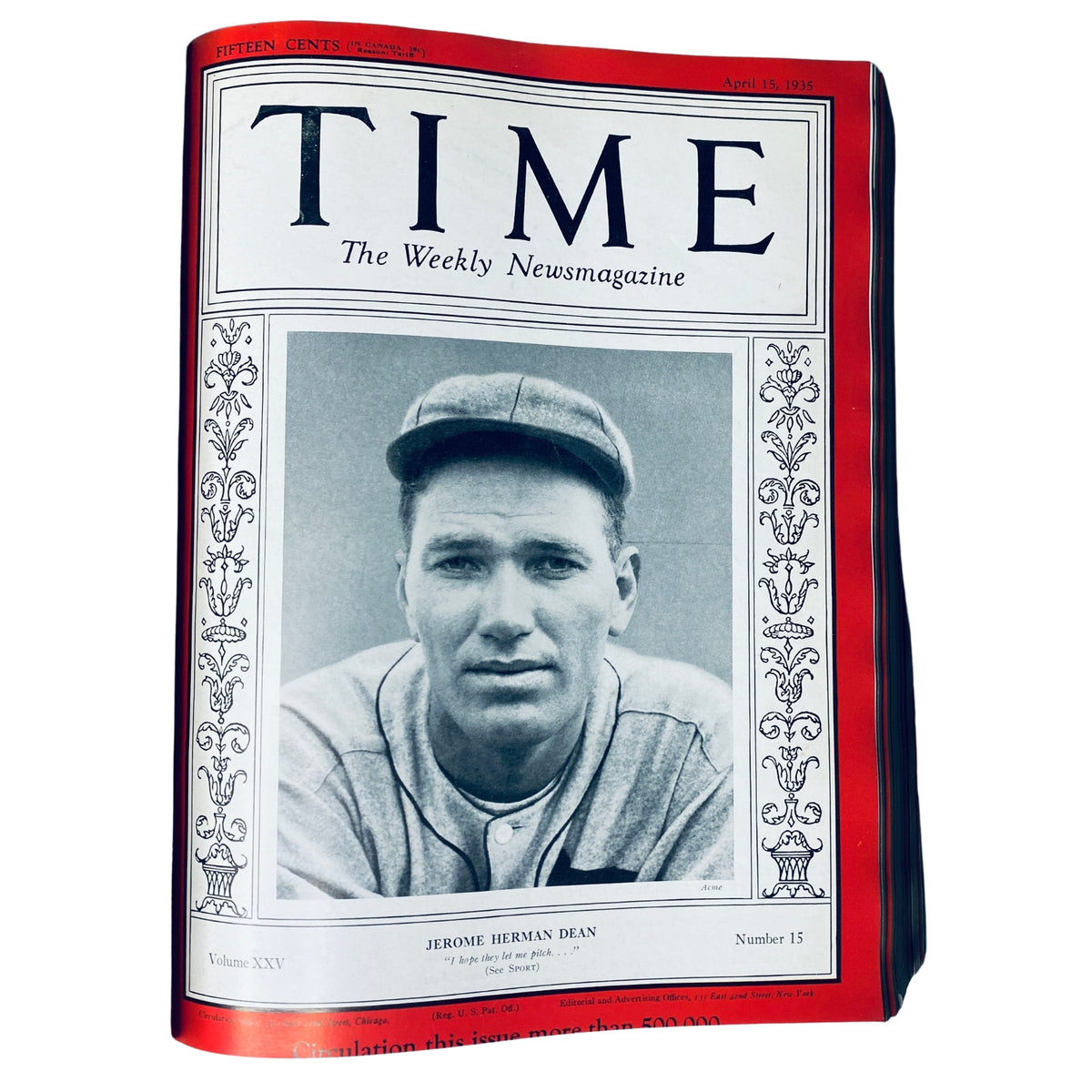 Cover of Time Magazine from April 15, 1935, featuring Jerome Herman Dean, an article discussing his contributions and prominence. The magazine title and date prominently displayed at the top.
