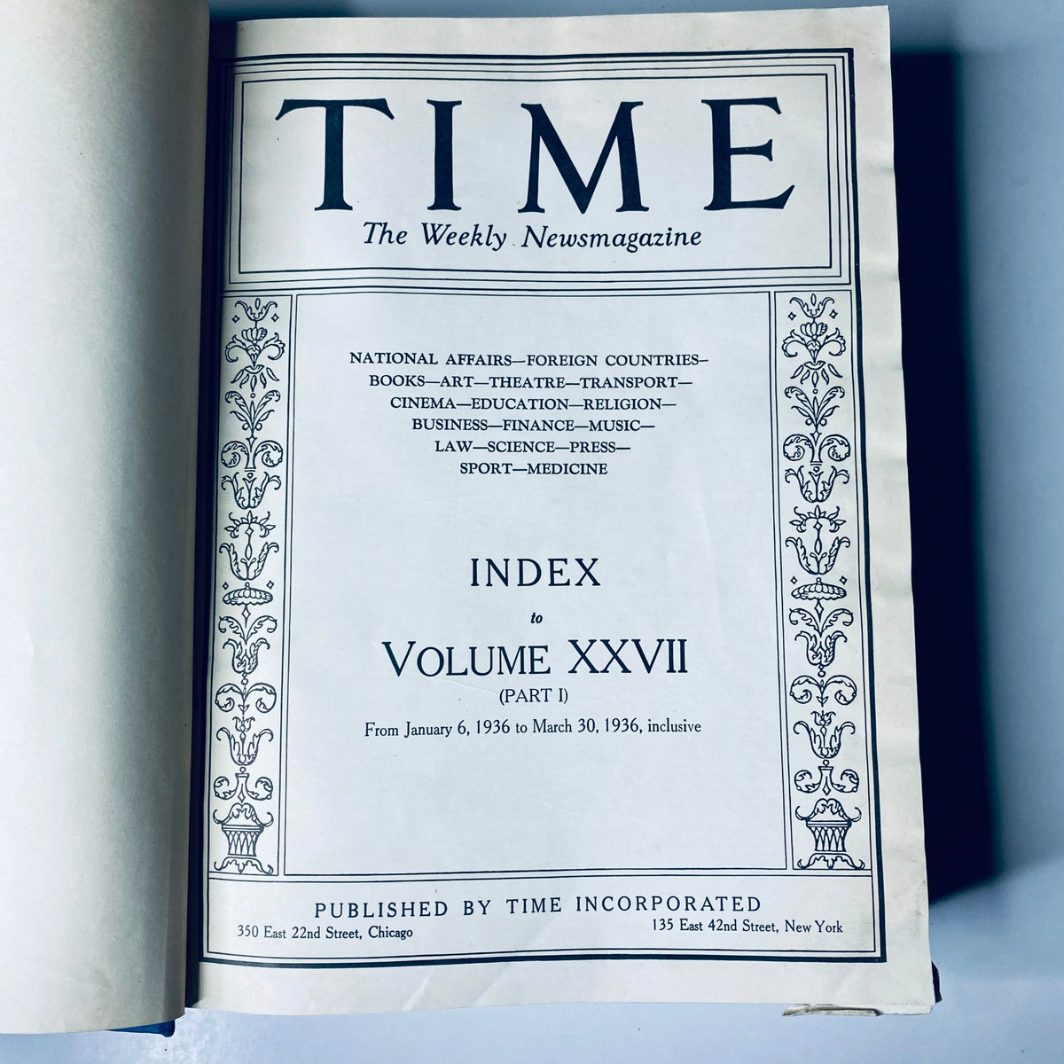 Index page of the Time Magazine Library Bound Volume from January 6 to March 30, 1936, detailing contents under Volume XXVII.