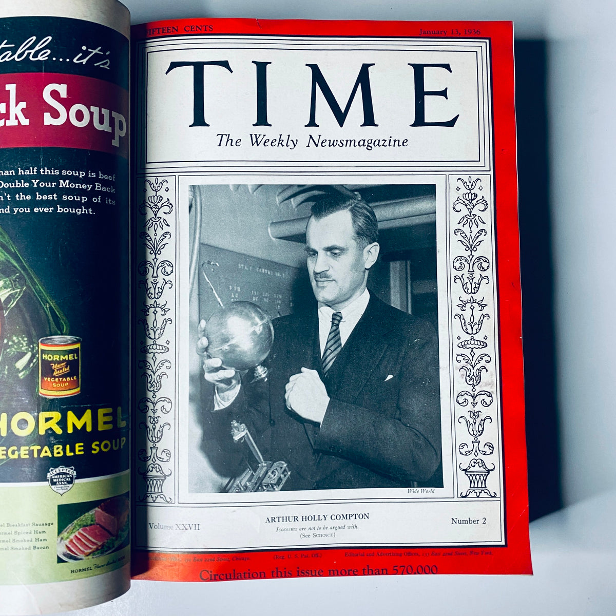 Cover of the January 13, 1936 issue of Time Magazine from the Library Bound Volume featuring a photograph of Arthur Holly Compton.