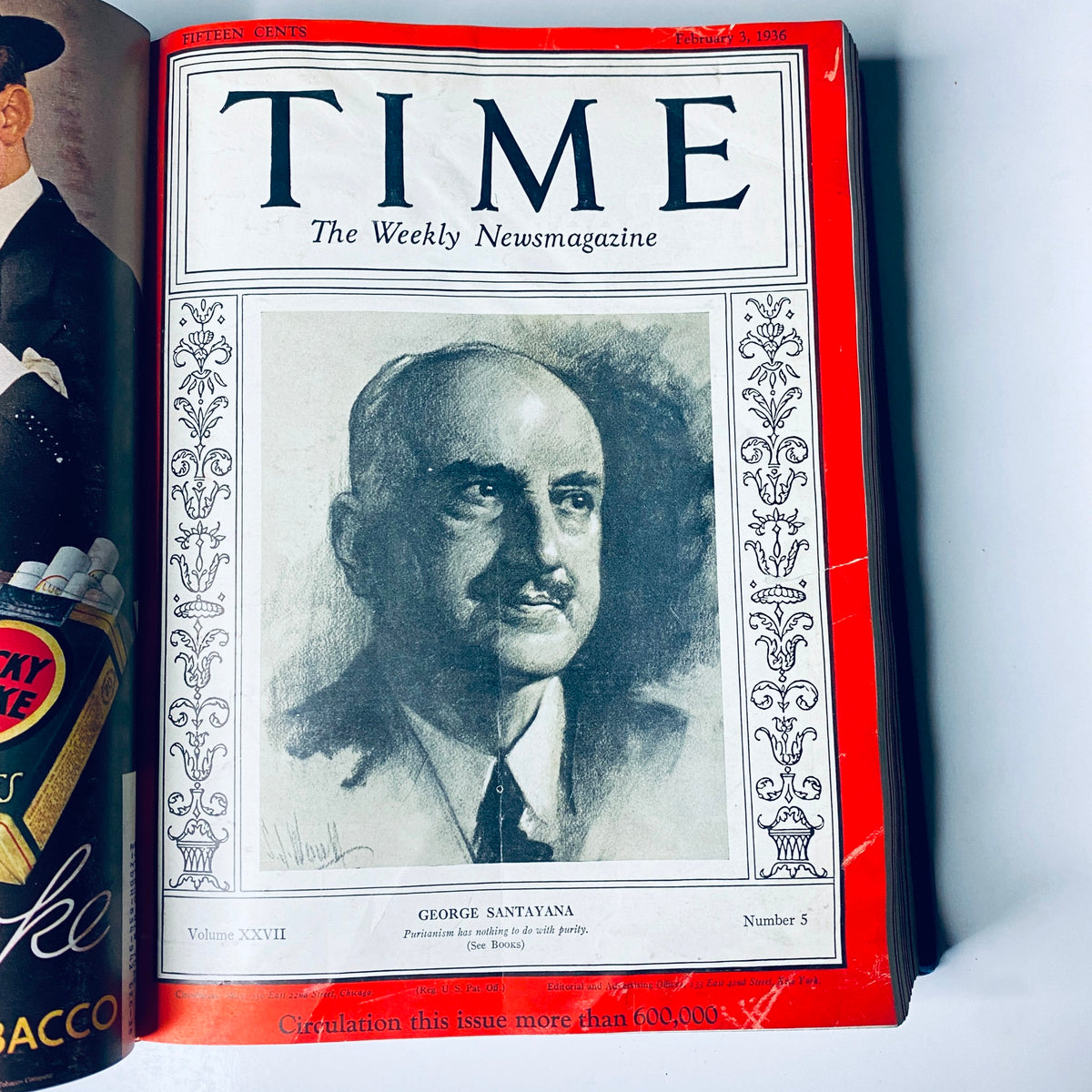 Time Magazine cover featuring George Santayana from February 3, 1936, part of the Time Library Bound titled 'Time Magazine Library Bound Jan 6-March 30 1936 Haile Selassie Leni Riefensthal'.