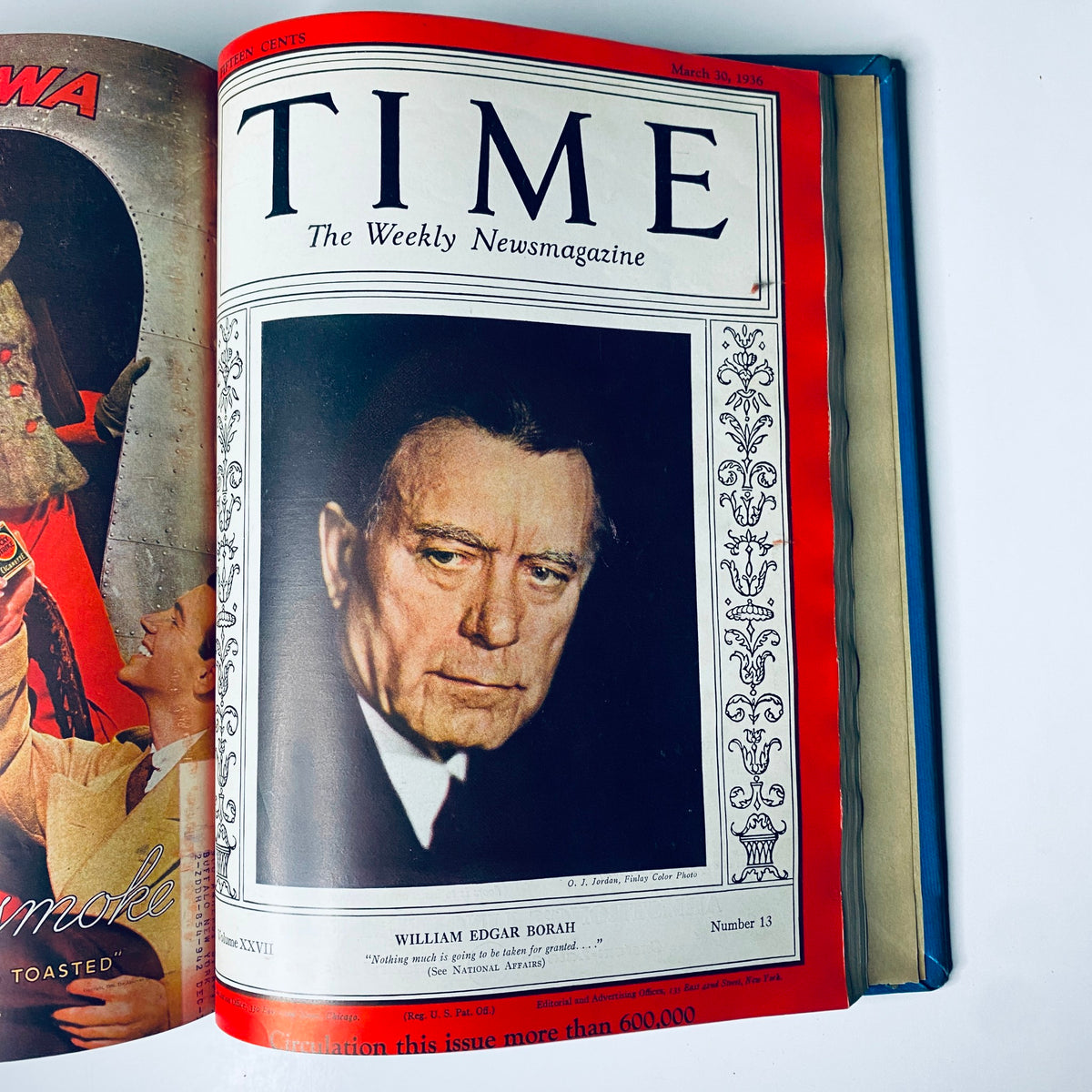 Cover of Time Magazine dated March 30, 1936, featuring William Edgar Borah with the text 'William Edgar Borah', included in the Time Library Bound collection from January 6 to March 30, 1936.