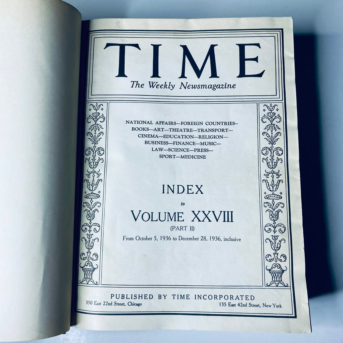 Index page of Time Magazine Library Bound Volume XXVIII for October 5 to December 28, 1936, featuring national affairs, foreign countries, and various cultural topics.