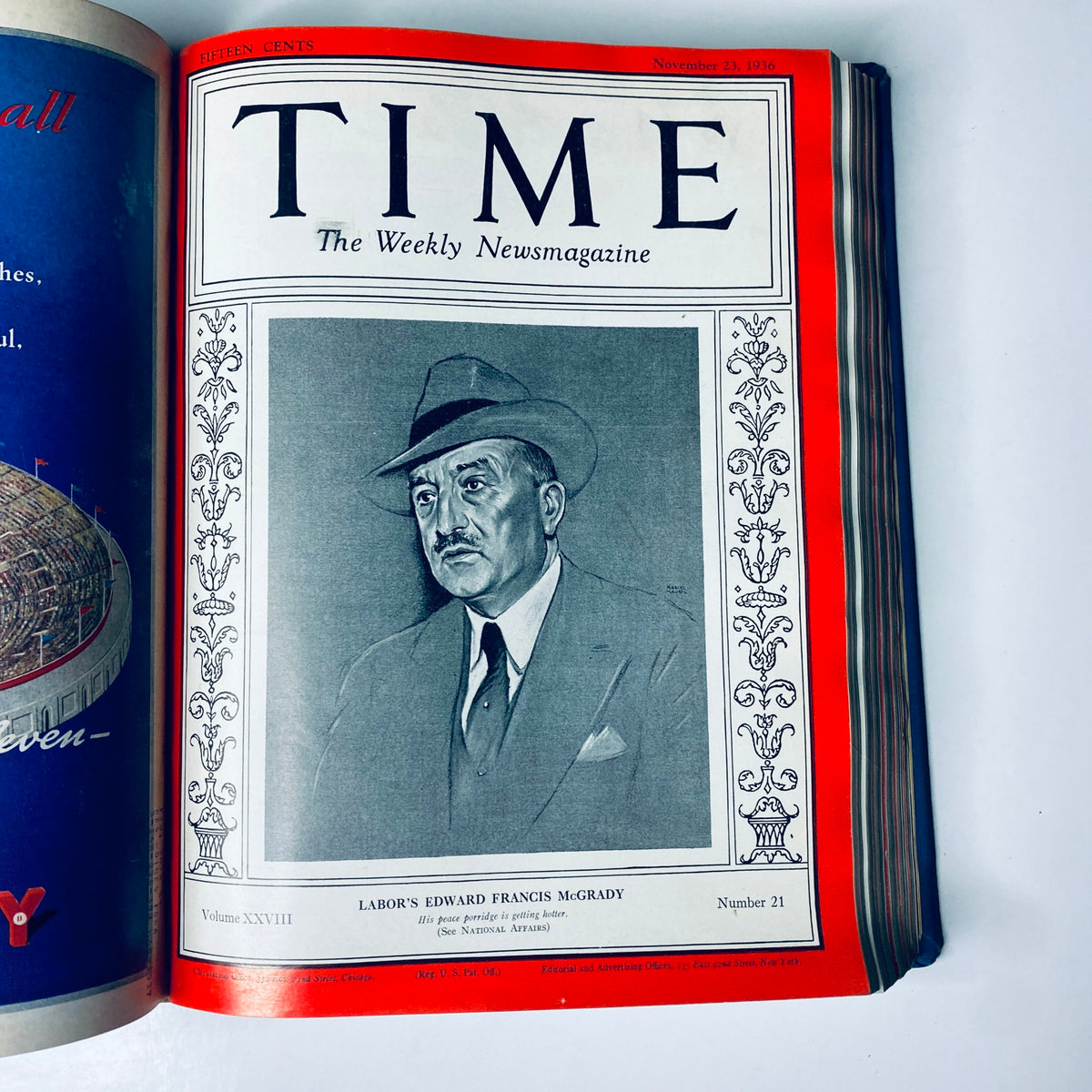Time Library Bound Magazine featuring 'Labor's Edward Francis McGrady' cover story, November 23, 1936, illustrating a formal portrait of labor leader Edward Francis McGrady.