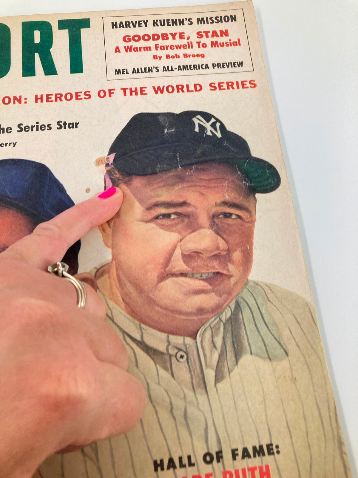 Close-up of the VTG Sport Magazine October 1960 cover, featuring Babe Ruth with a visible mark on the magazine.