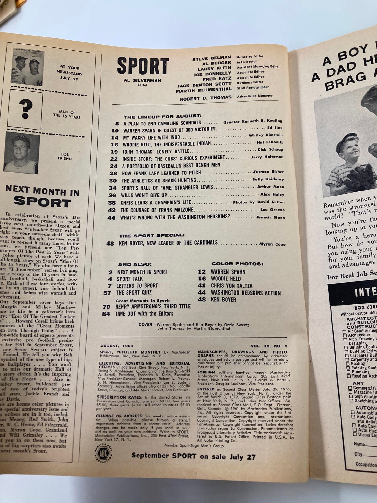 Inside page of VTG Sport Magazine from August 1961 featuring a lineup of articles including Warren Spahn, Ken Boyer, and John Thomas. The page displays editorial credits, index highlights, and a glimpse into the sports narratives of the era, encapsulating the spirit of baseball history.