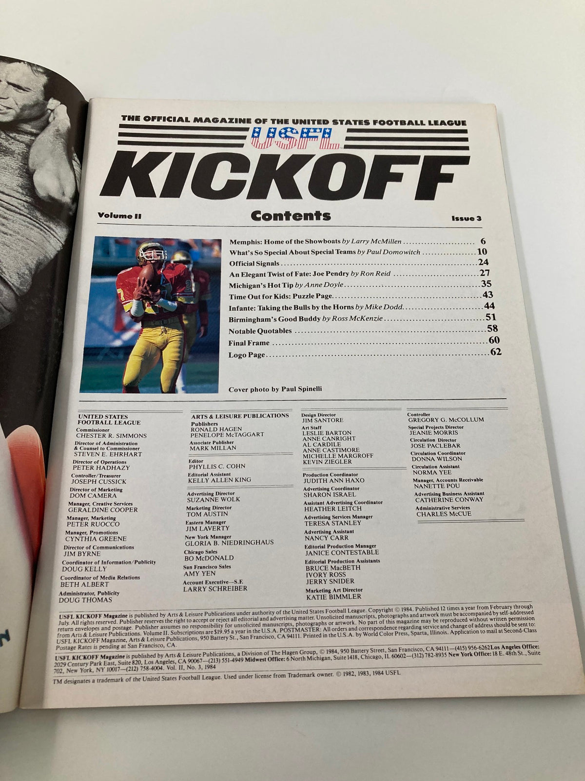Contents page of VTG USFL Kickoff Magazine 1984 Vol II #3, showcasing various articles including 'Taking The Bulls by the Horns' and other topics related to the United States Football League.