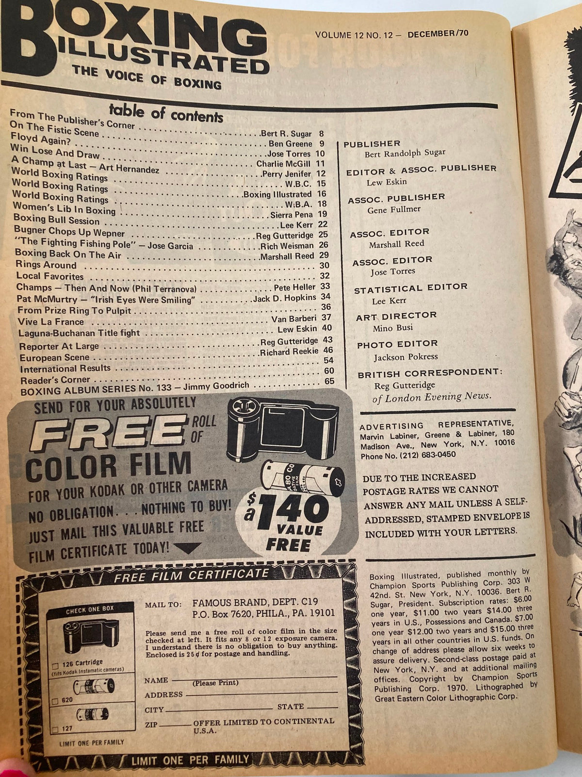 Inside page of VTG Boxing Illustrated Magazine December 1970, displaying the table of contents with various articles and features related to boxing, emphasizing the magazine's historical significance.