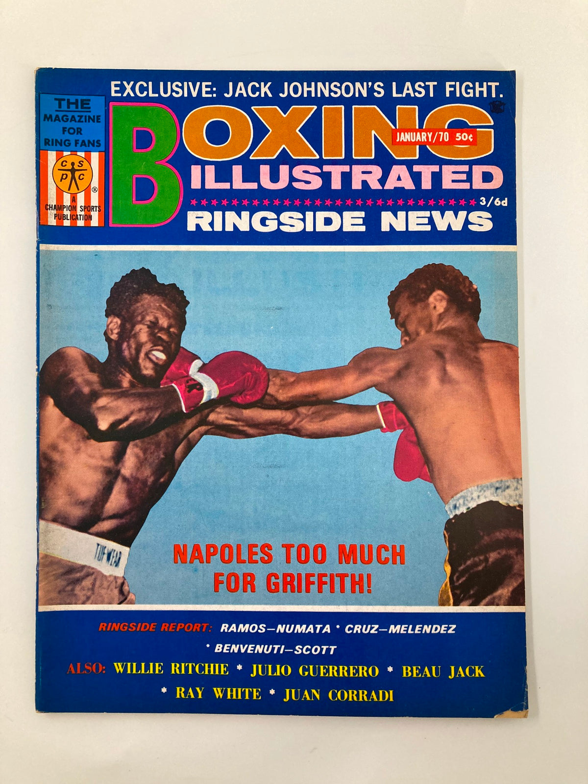 Cover of Boxing Illustrated Ringside News January 1970 featuring Napoles vs. Griffith match, highlighting the dramatic moment of the fight and the bold title that reads 'Napoles Too Much For Griffith'.
