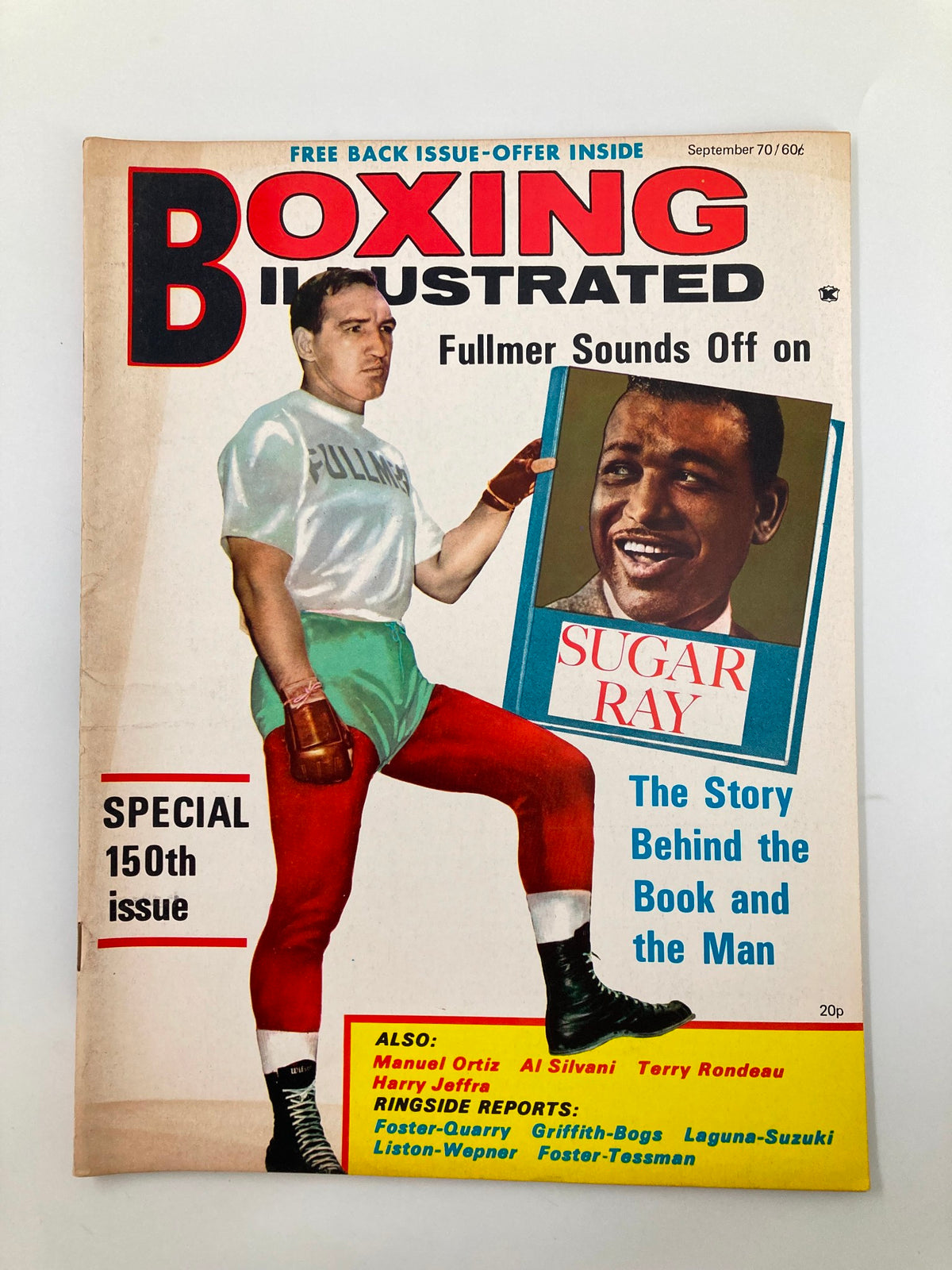 Cover of the VTG Boxing Illustrated Magazine from September 1970, featuring a depiction of a boxer named Fullmer and an iconic photograph of Sugar Ray with the headline 'The Story Behind the Book and the Man.' This special 150th issue highlights notable stories and memorable moments in boxing.