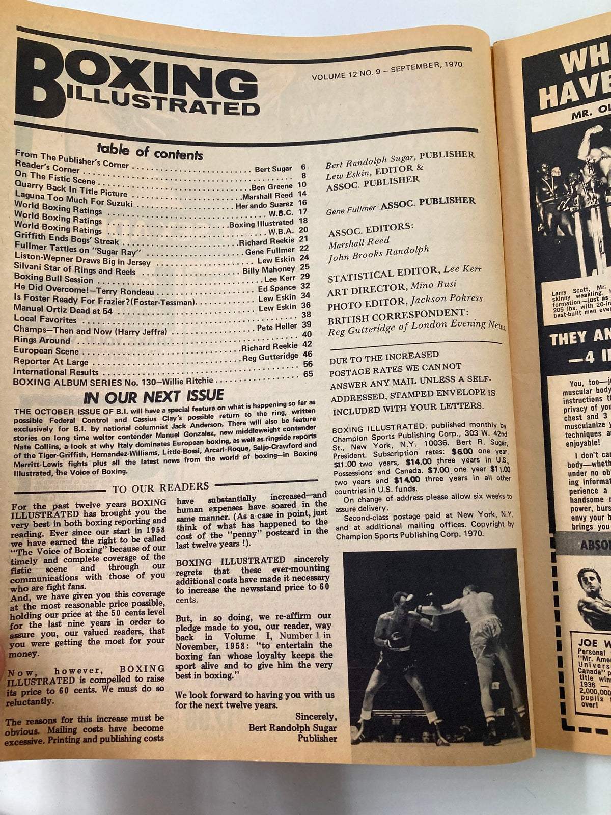 Inside page of VTG Boxing Illustrated Magazine September 1970 displaying the table of contents, providing insight into articles and features related to boxing legends.