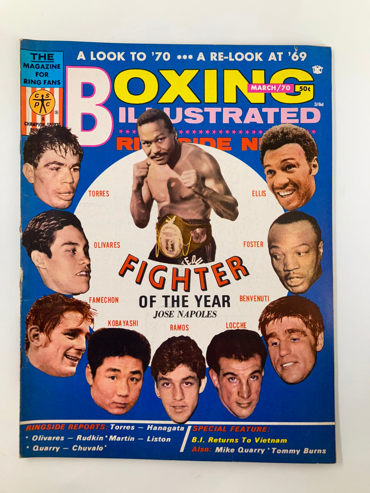 Cover of Boxing Illustrated Magazine from March 1970 featuring Jose Napoles and Jimmy Ellis, showcasing various boxers and the title 'FIGHTER OF THE YEAR'.