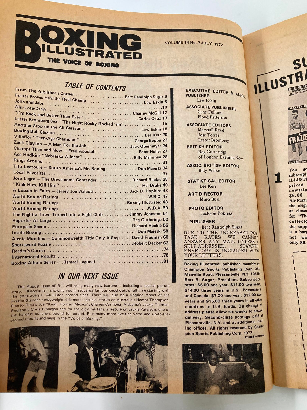 Inside page of VTG Boxing Illustrated Magazine July 1972 featuring the table of contents, including articles on boxers Bob Foster and Carlos Ortiz, as well as historical boxing insights and publisher information.
