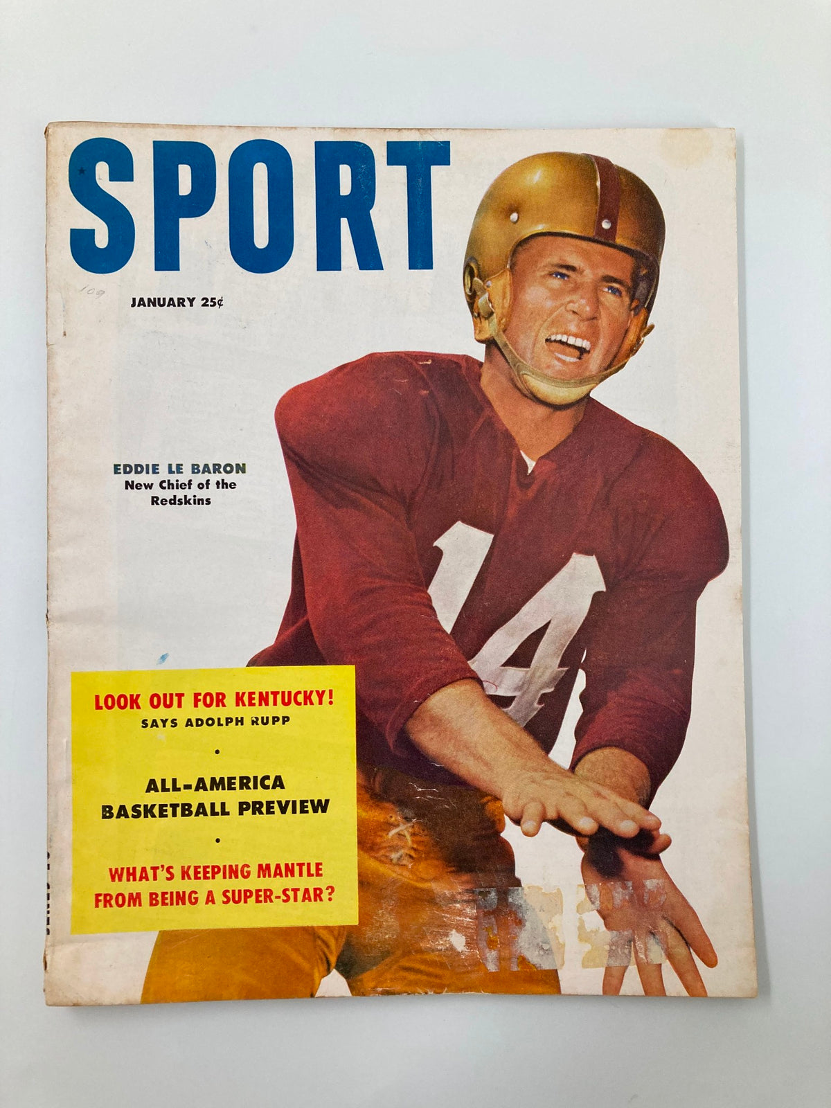 Vintage Sport Magazine January 1954 featuring Eddie Le Baron as the Chief of the Redskins, showcasing a classic cover design with a football theme.