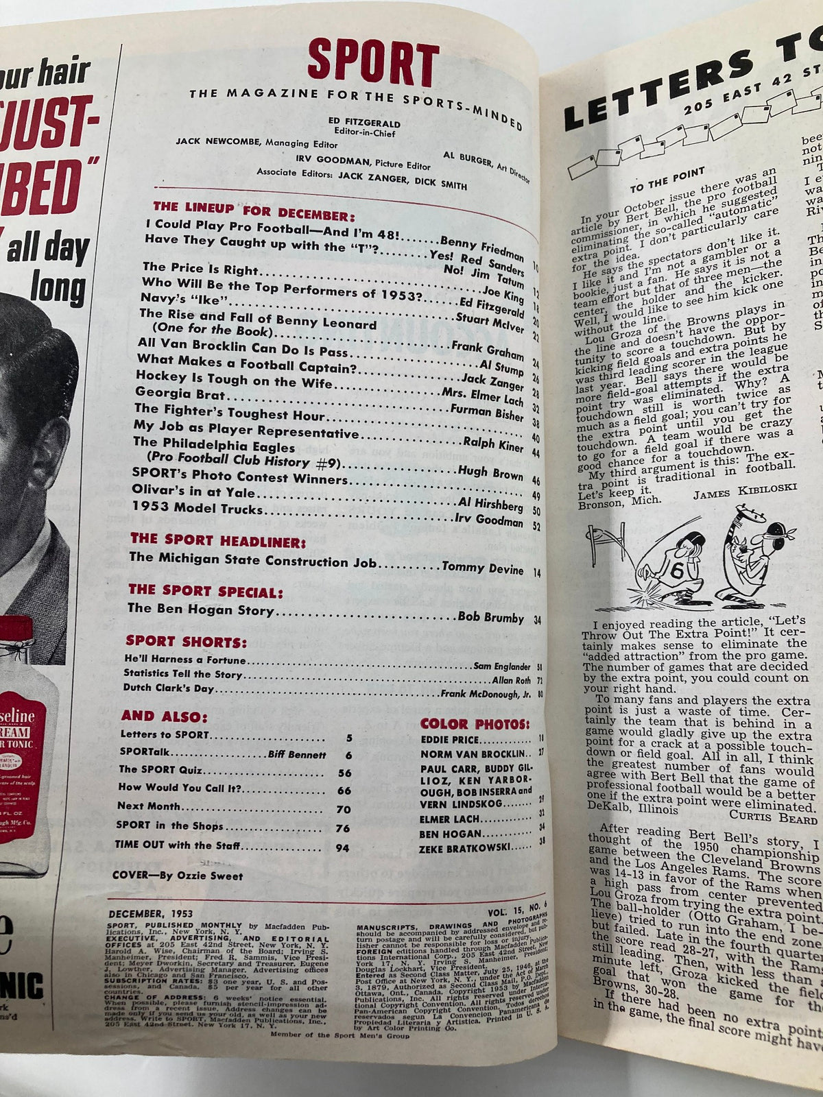 Inside spread of VTG Sport Magazine December 1953 displaying contents and articles, providing insight into the magazine's focus on sports, including the features on Michigan State football and the Ben Hogan story.