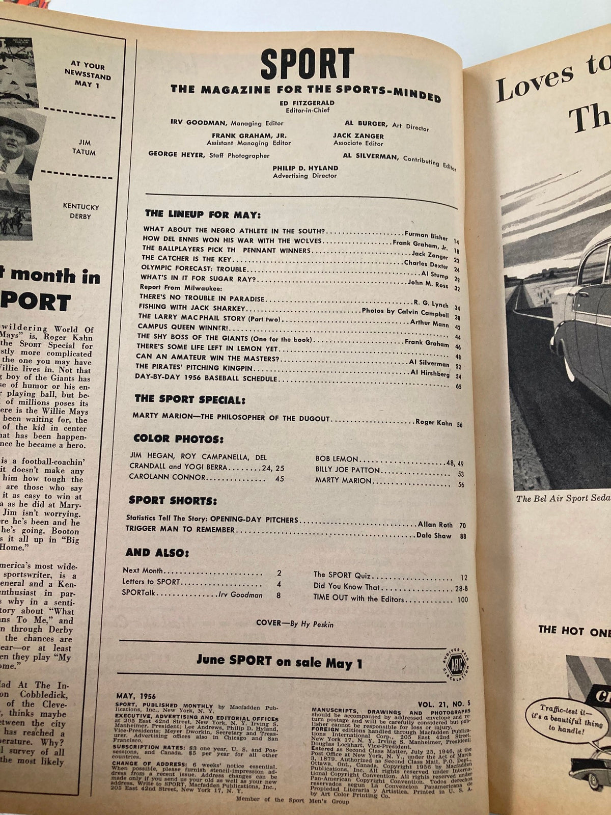 Interior page of VTG Sport Magazine from May 1956, featuring articles and headlines related to the sports industry, highlighting Bob Lemon and the Larry MacPhail Story Part II.