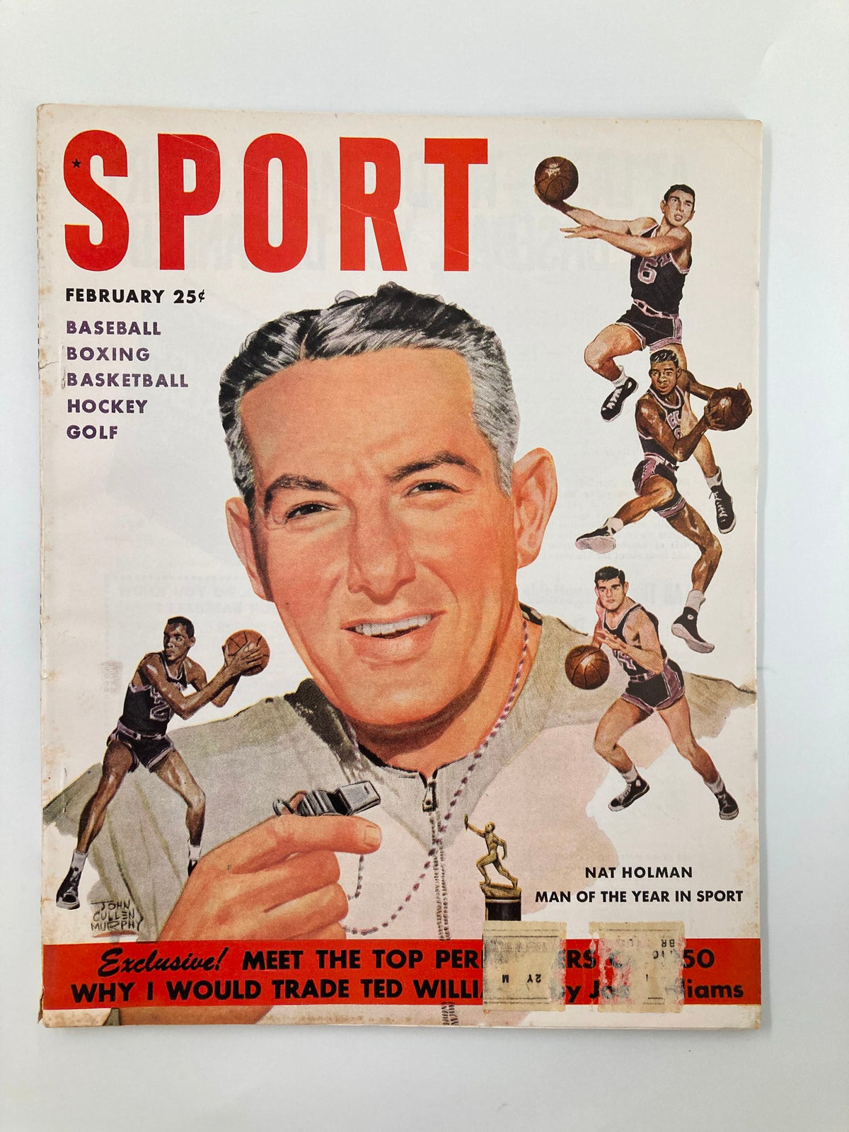 Vintage Sport Magazine cover from February 1951 featuring Nat Holman, named Man of the Year in Sport, showcasing illustrations of basketball players and highlighting various sports including baseball, boxing, and golf.