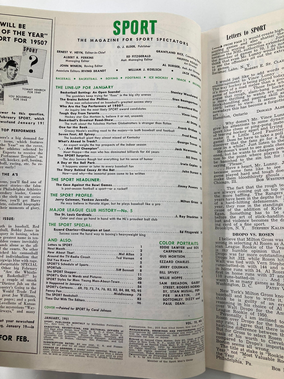 Interior view of the January 1951 issue of VTG Sport Magazine featuring the headline article 'Basketball Betting - An Open Scandal'. The magazine displays the layout and content related to sports topics including basketball, baseball, and boxing, exemplifying the era's sports journalism.
