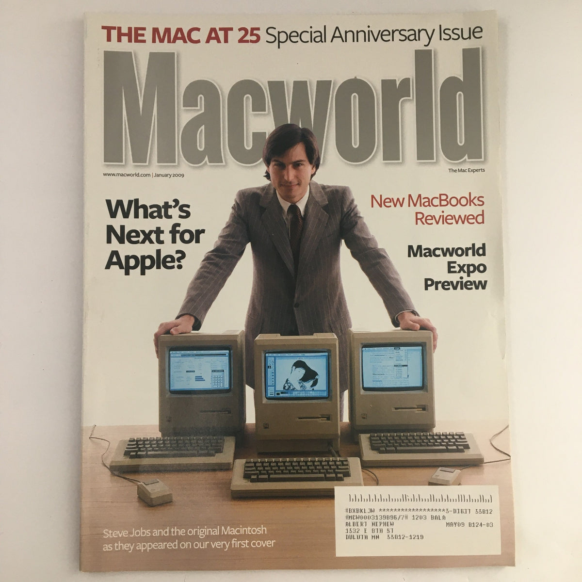 MacWorld Magazine January 2009 cover featuring Steve Jobs with the Original Macintosh, celebrating the magazine's special anniversary issue and innovations in personal computing.