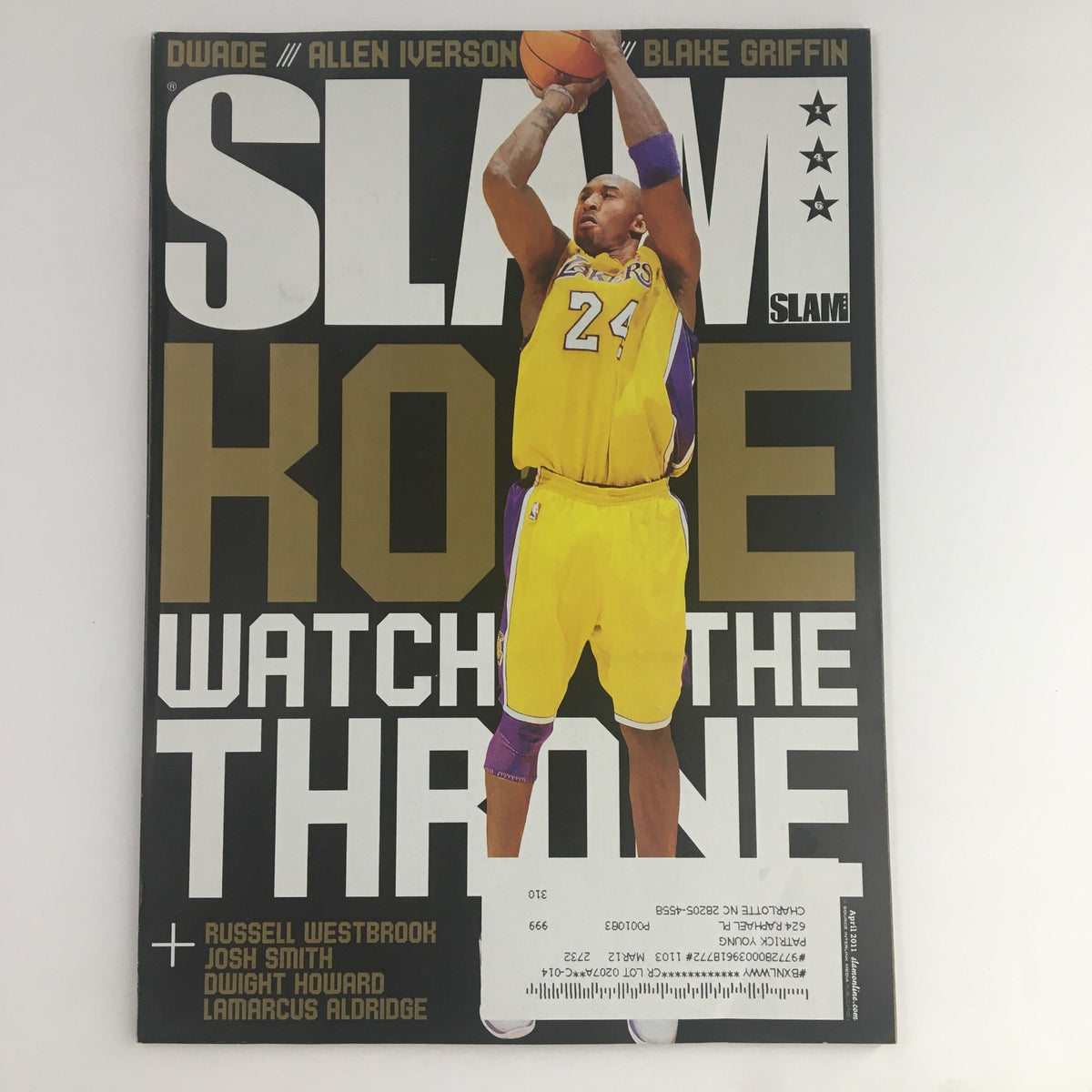 Cover of Slam Magazine April 2011 featuring Kobe Bryant wearing a Lakers jersey. The title reads 'Slam Kobe Watch the Throne' with Russell Westbrook, Dwight Howard, and other prominent players mentioned.