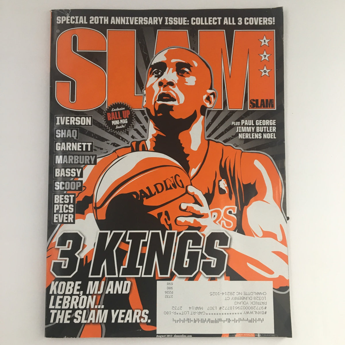 Slam Magazine August 2013 cover featuring Kobe Bryant, showcasing his basketball prowess and highlighting the 3 Kings: Kobe, MJ, and LeBron.