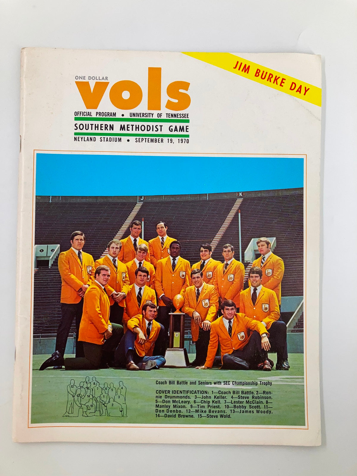 VTG Vols Official Program September 19 1970 featuring Coach Bill Battle and senior players of the University of Tennessee Volunteers, showcasing the team in their signature orange jackets during a pivotal game.
