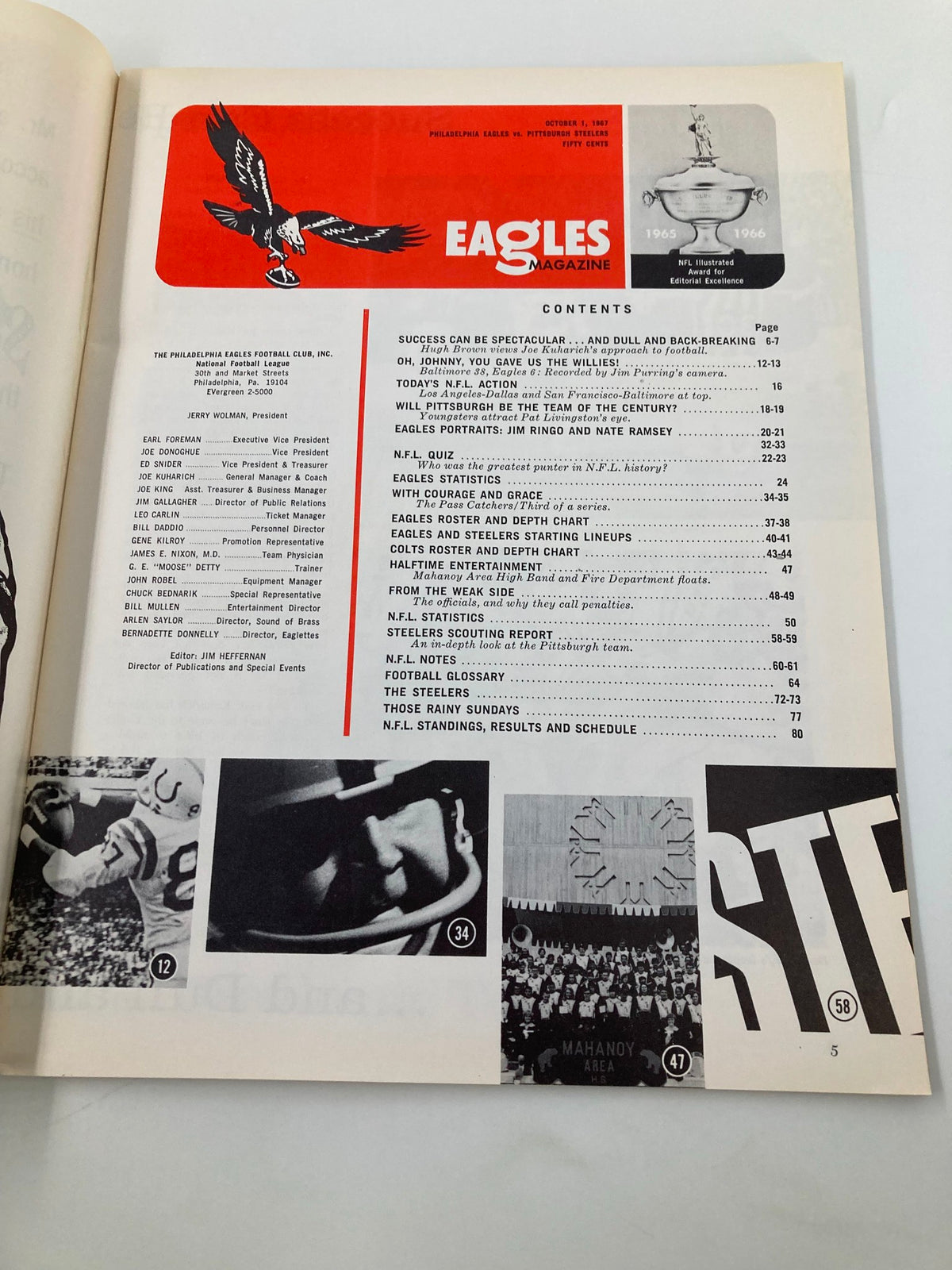 Contents page of VTG Eagles NFL Magazine from October 1, 1967, detailing articles and features including Jim Ringo and Nate Ramsey.