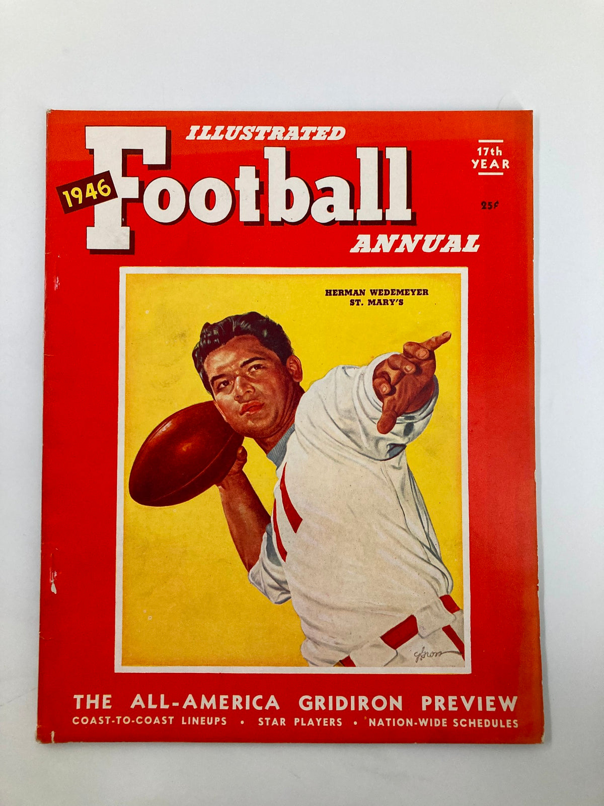 Cover of the VTG Illustrated Football Annual 1946 featuring Herman Wedemeyer of St. Mary's, showcasing vibrant colors and classic artwork.