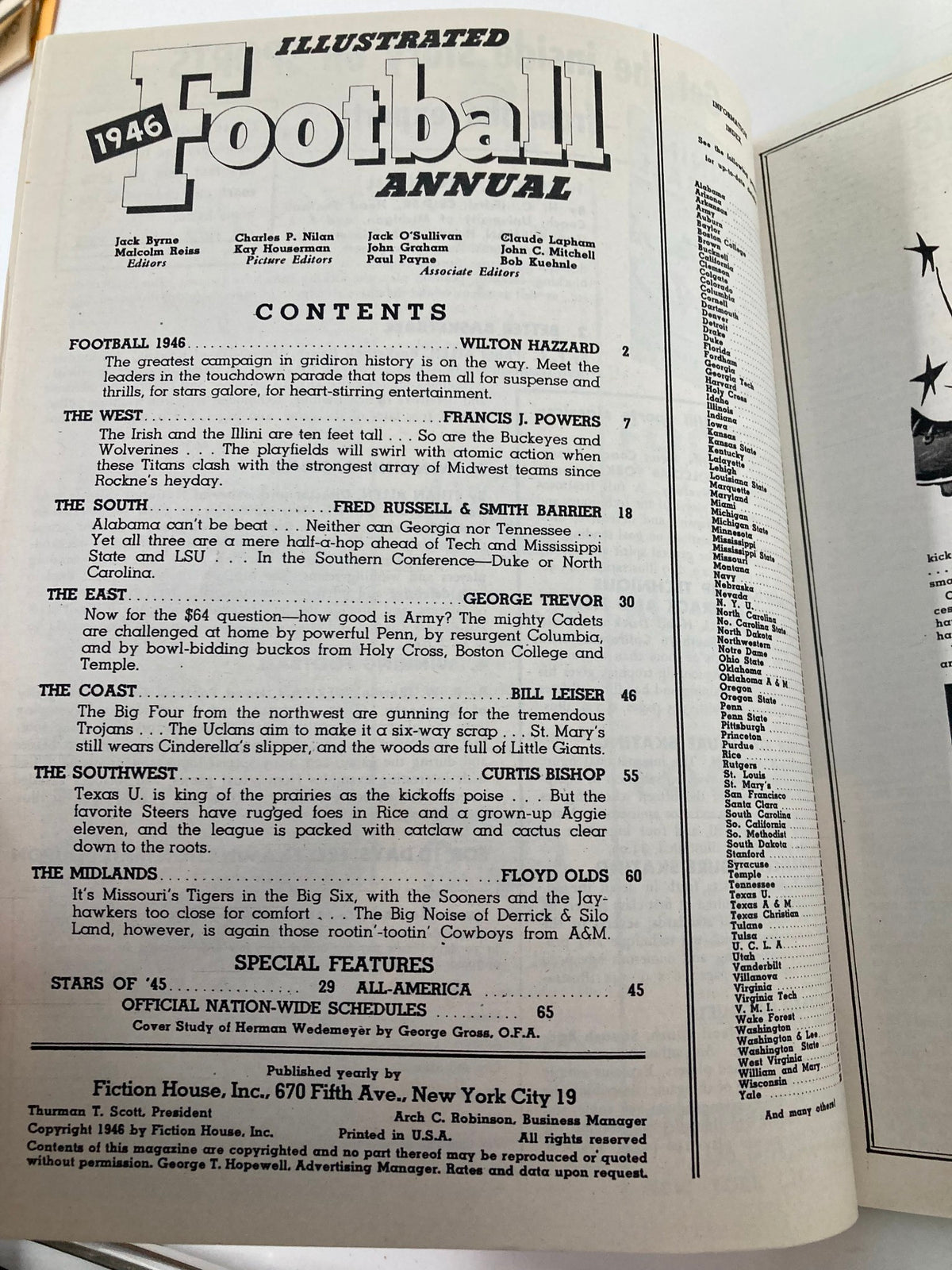 Inside page of the VTG Illustrated Football Annual 1946, displaying the table of contents and layout of featured articles.