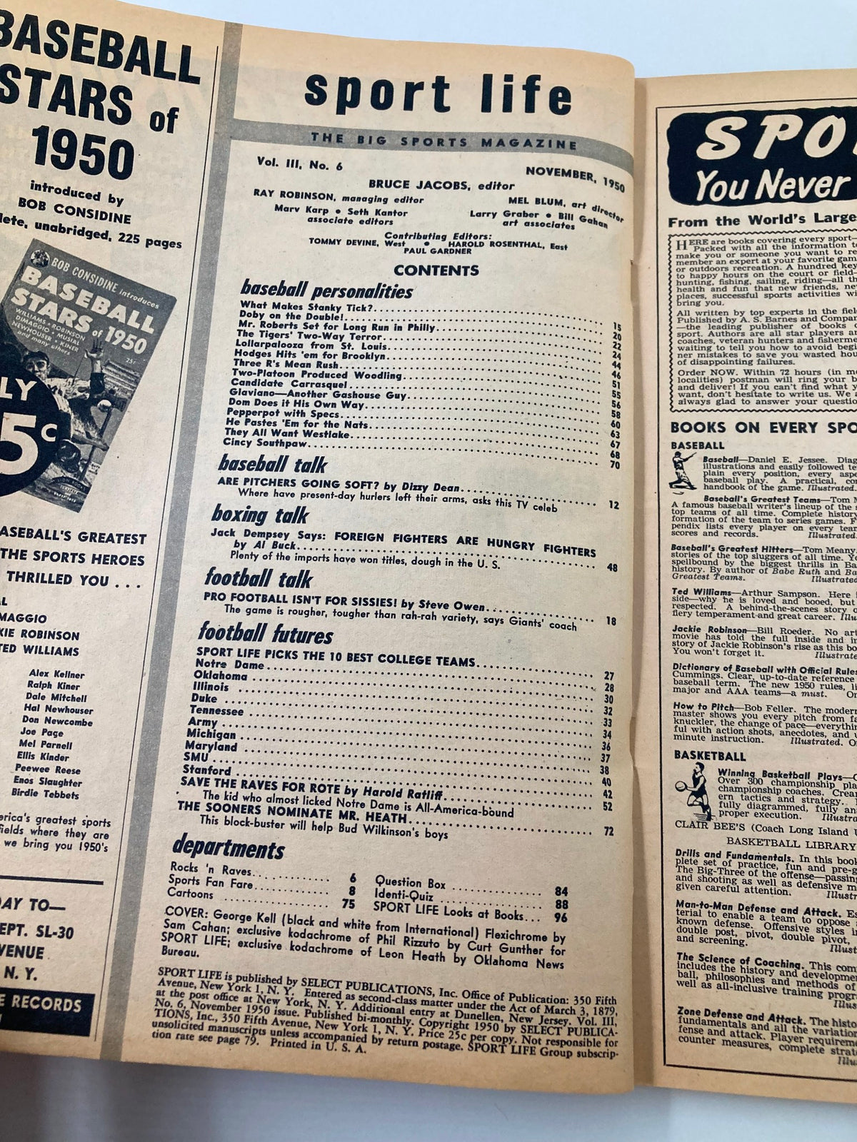 Table of contents page from VTG Sport Life Magazine November 1950 listing articles about sports personalities, boxing, and college football.