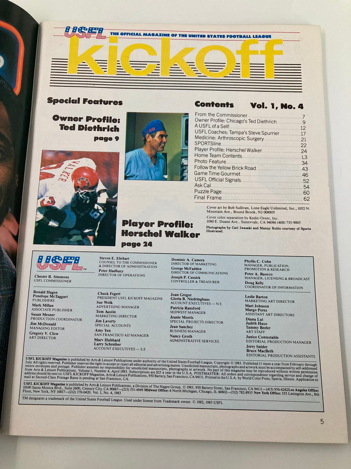 Interior page of the VTG USFL Kickoff Magazine 1983 Vol 1 #4, showcasing the table of contents including a player profile of Herschel Walker and other special features of the magazine.