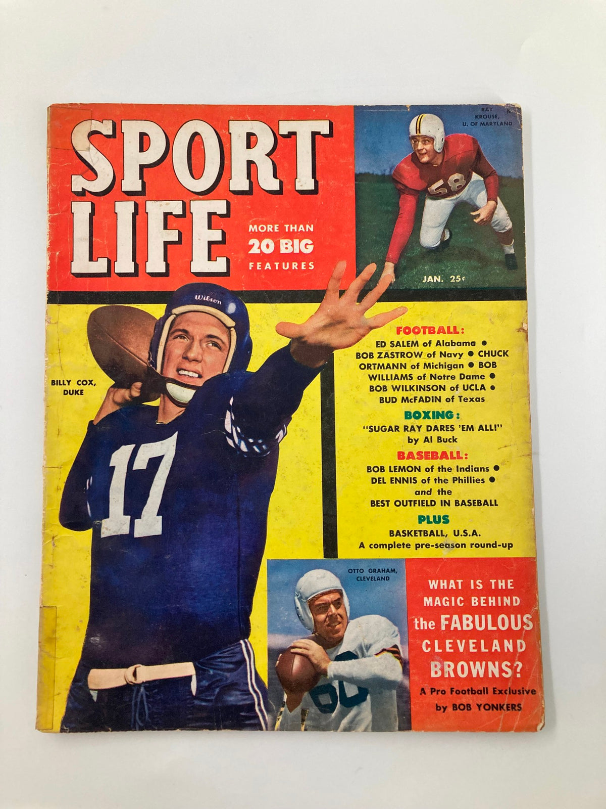Cover of the VTG Sport Life Magazine January 1951 featuring Billy Cox and Otto Graham, showcasing sports highlights and articles.
