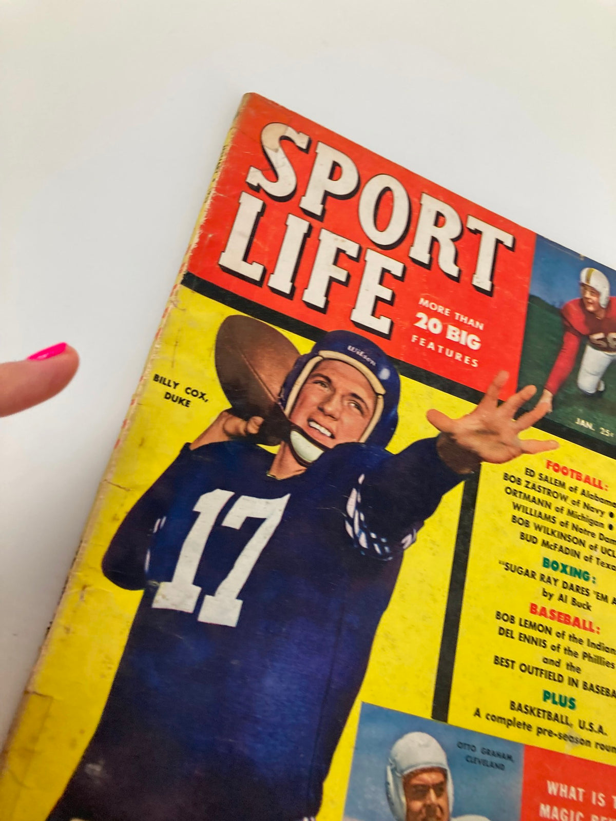 Close-up of the VTG Sport Life Magazine January 1951 cover highlighting Billy Cox in a football uniform, with Otto Graham featured.