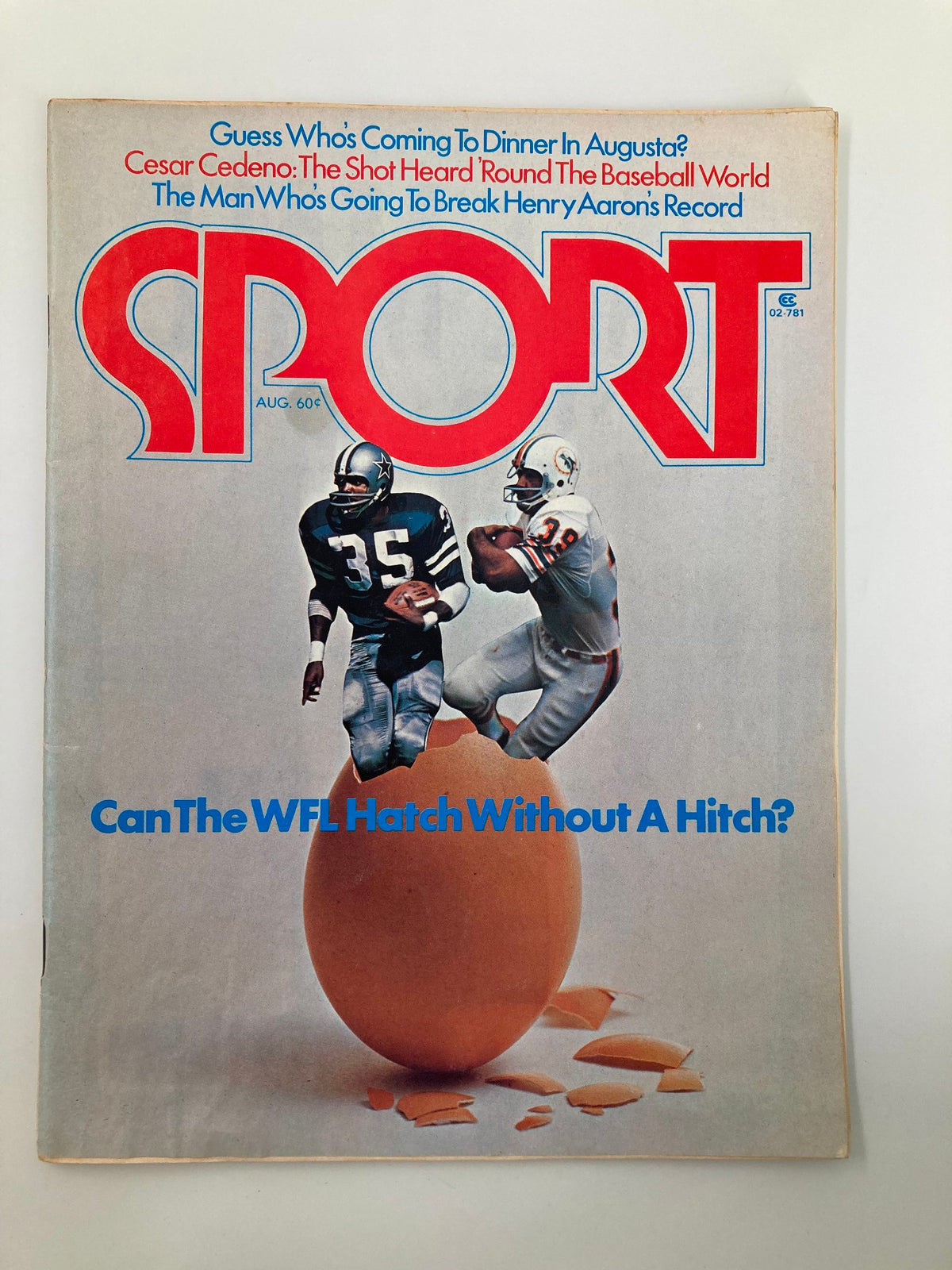 Cover of VTG Sport Magazine August 1974 Vol 58 #2 featuring football players Larry Csonka and Calvin Hill, with a creative design incorporating an egg theme and bold typography.