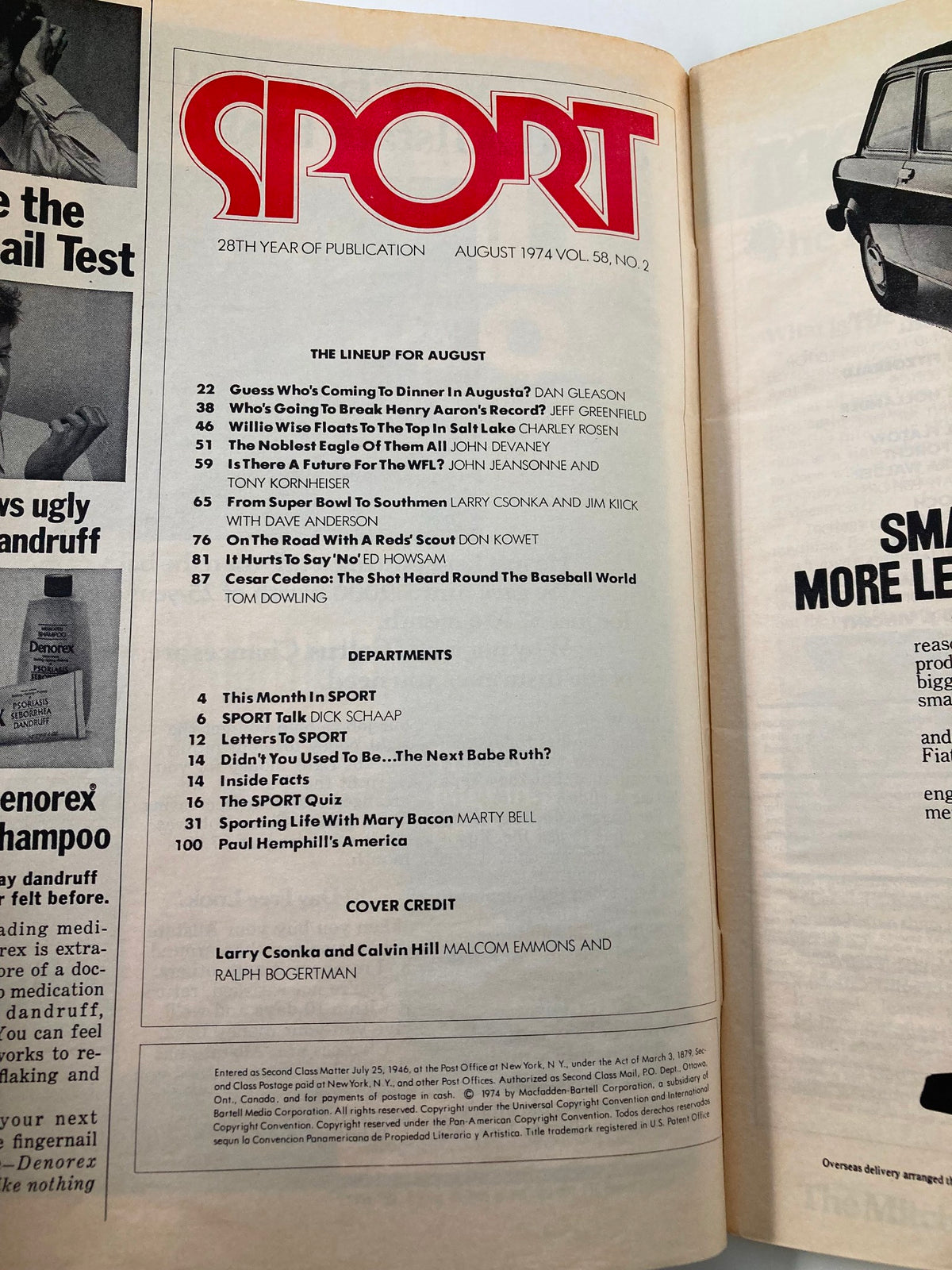 Inside page of VTG Sport Magazine August 1974 Vol 58 #2 showcasing the table of contents, highlighting features such as articles on Larry Csonka and Calvin Hill, and various sports topics.