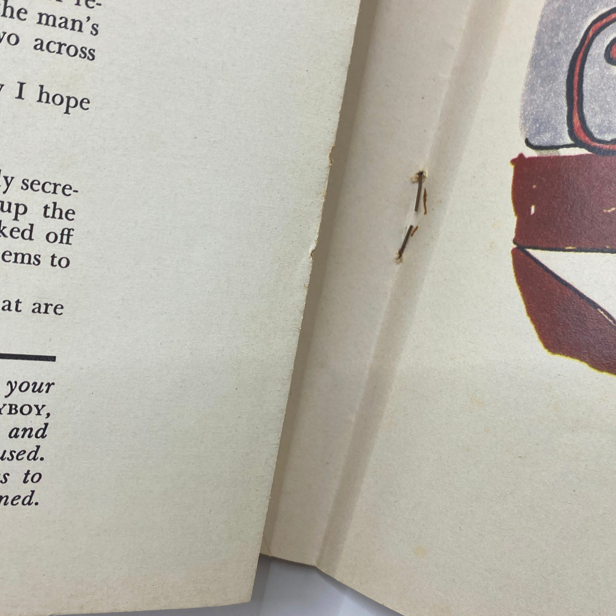 Interior view of VTG Playboy Magazine January 1959 featuring text content with a detached centerfold featuring Virginia Gordon.