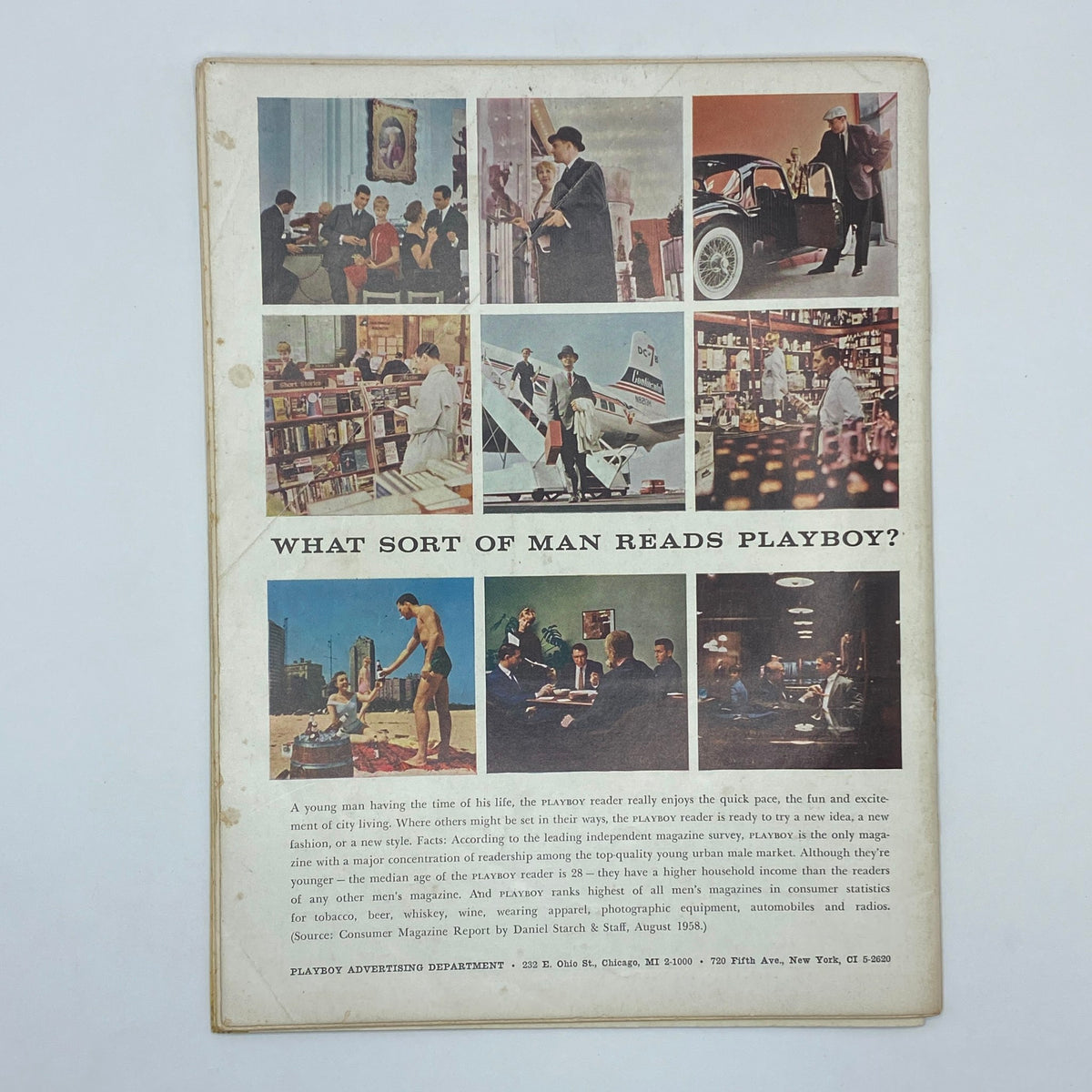 Back cover of VTG Playboy Magazine January 1959 featuring a collage of men engaging in various activities with the caption 'What Sort of Man Reads Playboy?'. This collectible magazine showcases iconic 1950s lifestyles and culture.