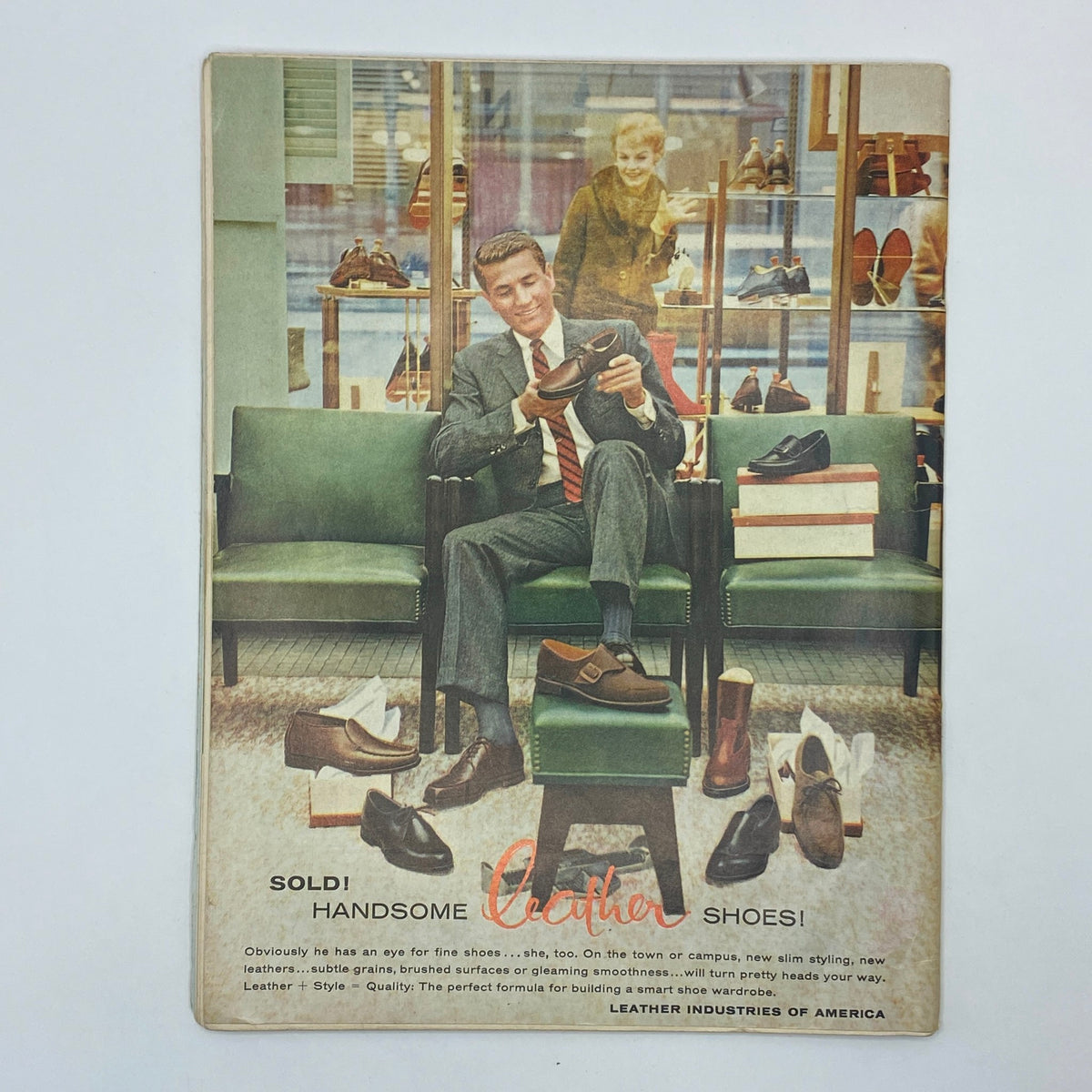 Vintage advertisement from VTG Playboy Magazine March 1959 featuring a stylish man inspecting shoes in a retail setting, with a woman in the background.