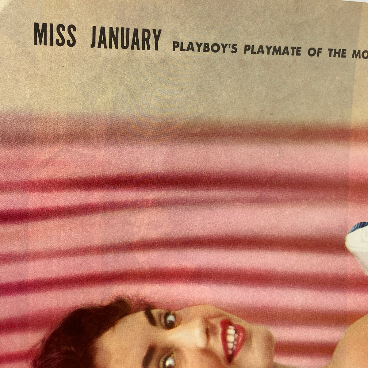 Close-up view of the January 1958 VTG Playboy Magazine featuring Elizabeth Ann Roberts as Miss January, capturing vintage aesthetic and iconic pop culture.