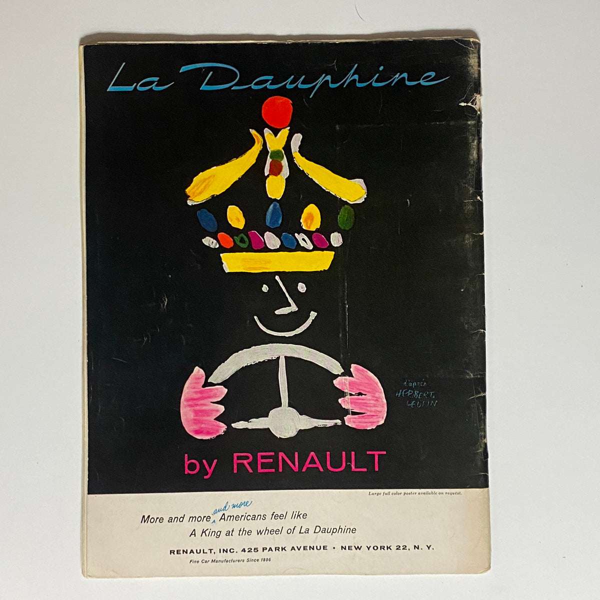 Cover of the La Dauphine magazine by Renault, showcasing colorful artwork and promotional text, reflecting mid-20th century design.