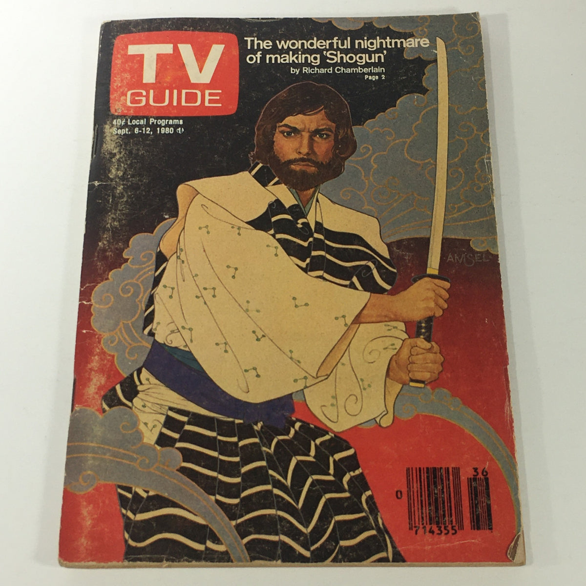 VTG TV Guide Magazine September 6-12 1980 featuring Richard Chamberlain on the cover with an illustration of him in traditional attire holding a sword, representing the television show 'Shogun'.