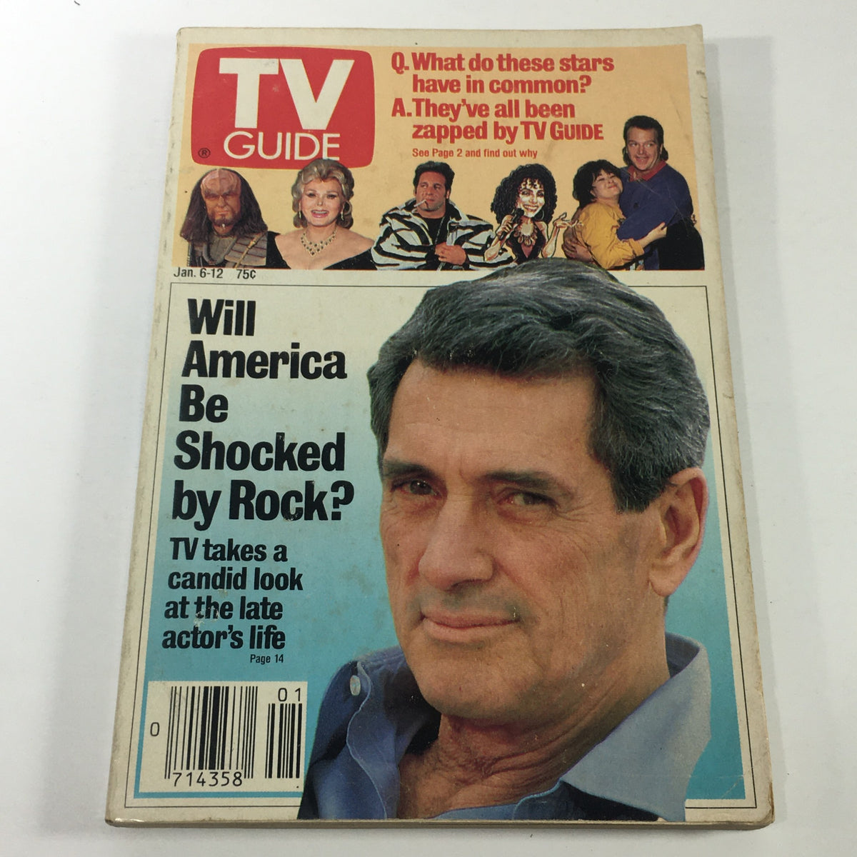 Cover of the VTG TV Guide Magazine from January 6-12, 1990, Volume 37, Number 1, featuring Rock Hudson. The cover headline asks, 'Will America Be Shocked by Rock?' with images of various stars. This collectible magazine highlights TV culture during the late 20th century.
