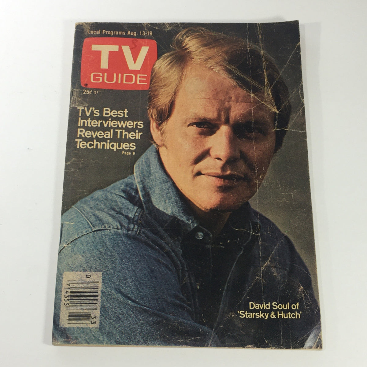 Vintage TV Guide magazine from August 13-19, 1977 featuring David Soul from Starsky & Hutch on the cover. This collectible magazine showcases the television landscape of the late 1970s.