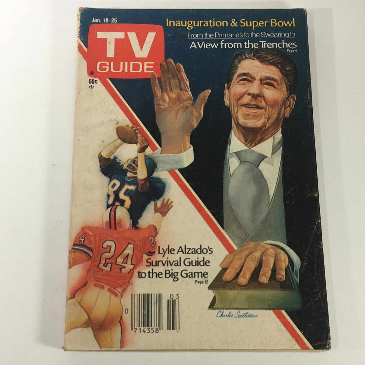 Vintage TV Guide Magazine from January 19-25, 1985, Vol. 33 #3 featuring NFL legend Lyle Alzado on the cover, showcasing a colorful illustration of sports and political themes, including a depiction of Ronald Reagan.