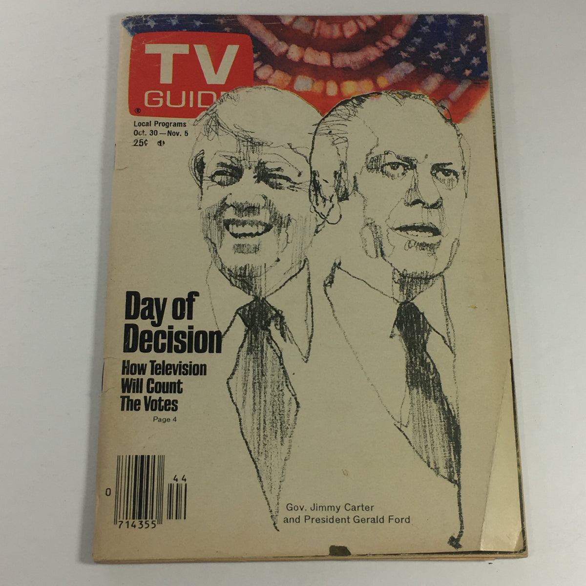 VTG TV Guide Magazine cover from October 30 to November 5, 1976, featuring illustrations of presidential candidates Jimmy Carter and Gerald Ford. This collectible magazine captures a pivotal moment in American television history.