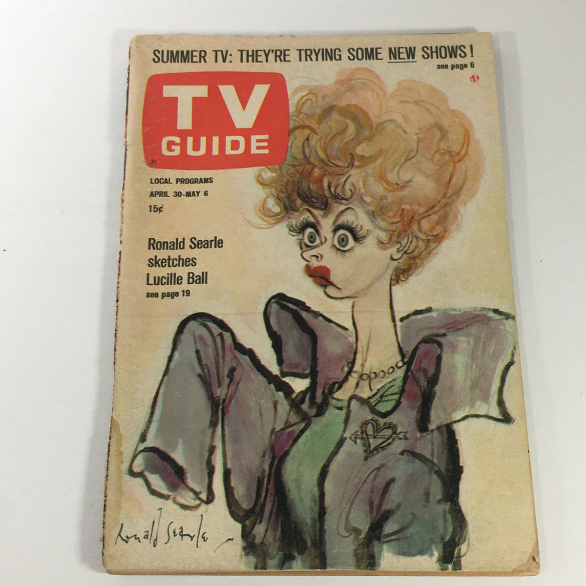 Vintage TV Guide from April 30 to May 6, 1966 featuring Ronald Searle's illustration of Lucille Ball on the cover.
