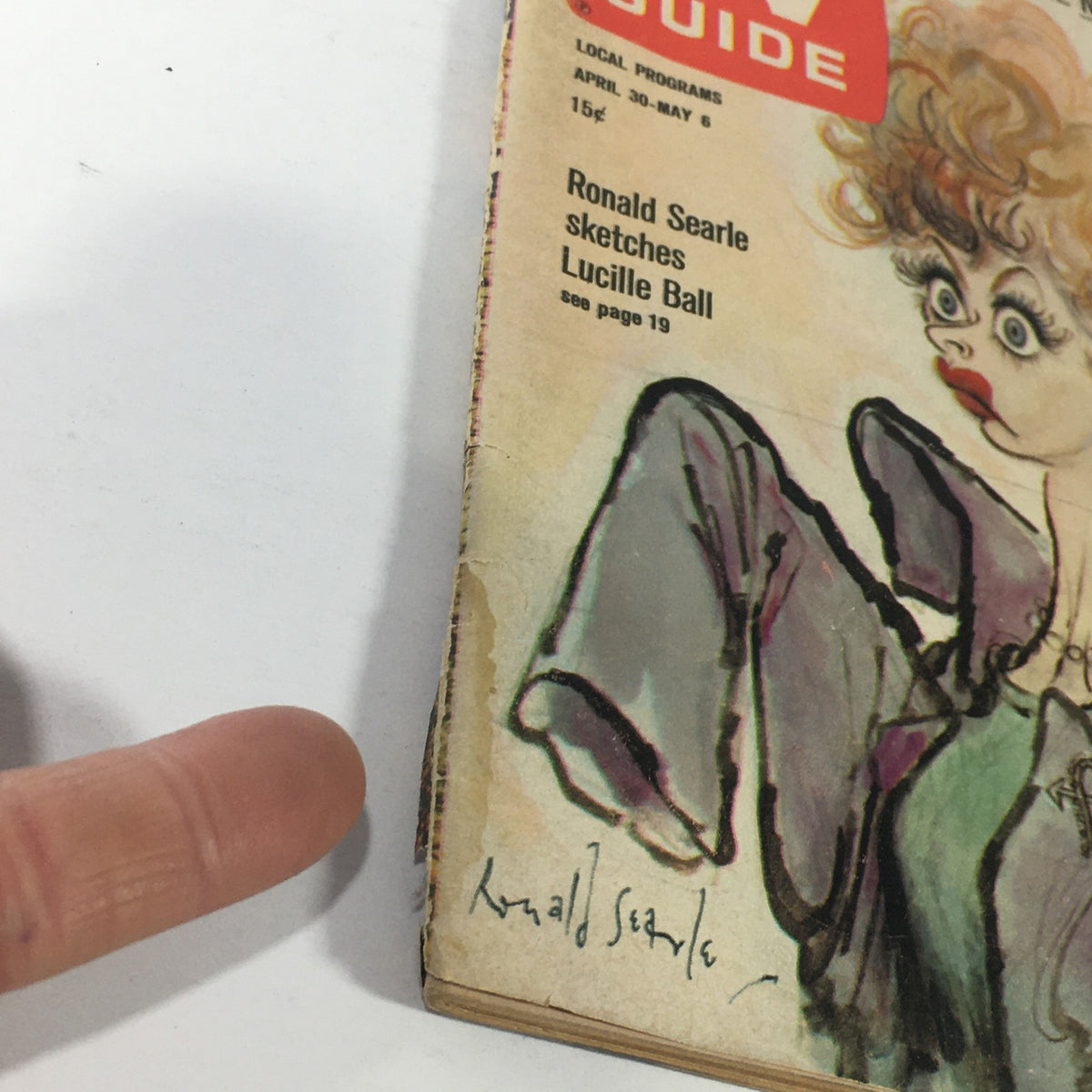 Close-up of the cover of Vintage TV Guide April 30 - May 6, 1966 highlighting Ronald Searle's sketch of Lucille Ball.