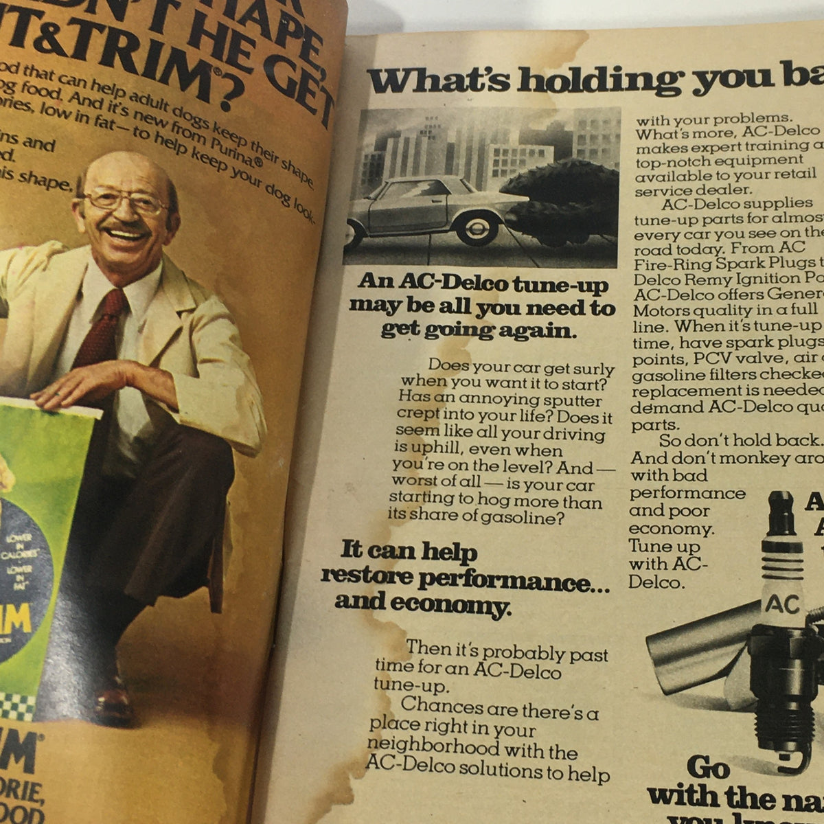 Interior page of the March 5-11, 1977 issue of TV Guide, featuring an advertisement for AC-Delco tune-ups. The page includes informative text about car maintenance and restoration, alongside a cheerful image of a man.