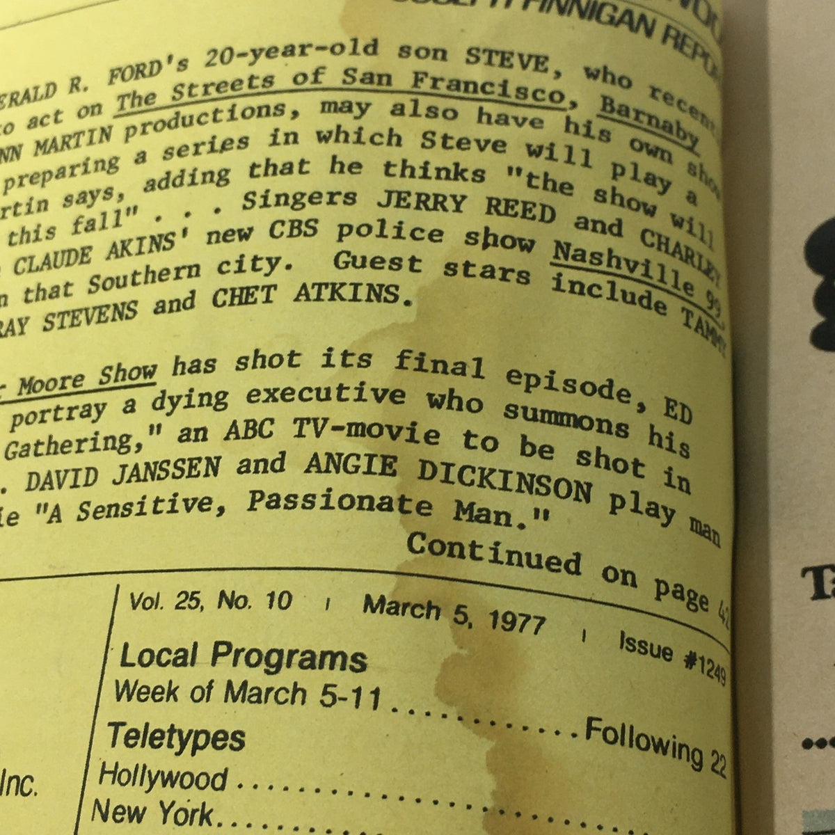 Close-up of an article from the March 5-11, 1977 edition of TV Guide, detailing programming highlights and featuring David Janssen. The page includes vintage television listings and relevant historical context.